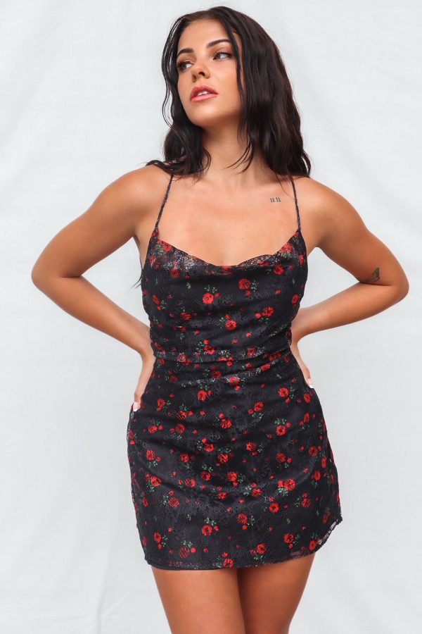 Charly Mini Dress - Black Roses Hot on Sale